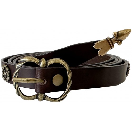 Hnědý kožený středověký opasek - mosazné zdobení