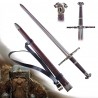 AF Funkční Zaklínačský/Witcher meč z damaškové oceli "STEEL OF MAHAKAM" s pevnou pochvou a popruhem!