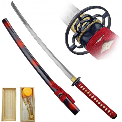 AF Temně rudá damašková katana "IKEBANA" s bohatým příslušenstvím!